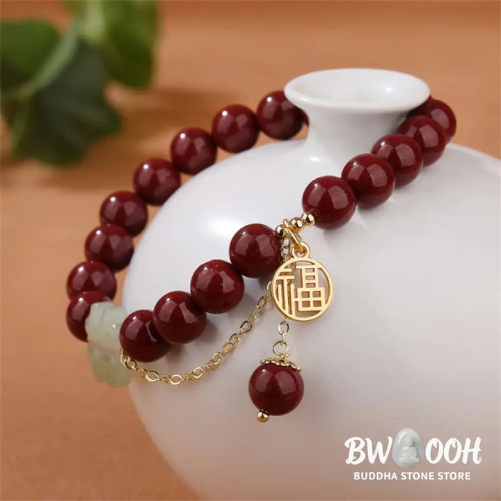 Buddha Stones Cinnabar Fu Character Hetian Jade Lucky Four Leaf Clover Blessing Bracelet - BWOOOH