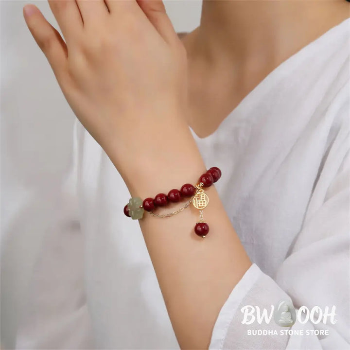 Buddha Stones Cinnabar Fu Character Hetian Jade Lucky Four Leaf Clover Blessing Bracelet - BWOOOH