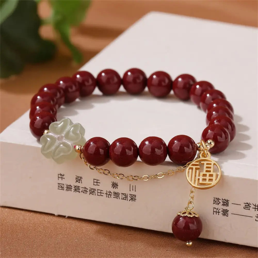 BWOOOH Cinnabar Fu Character Hetian Jade Lucky Four Leaf Clover Blessing Bracelet - BWOOOH