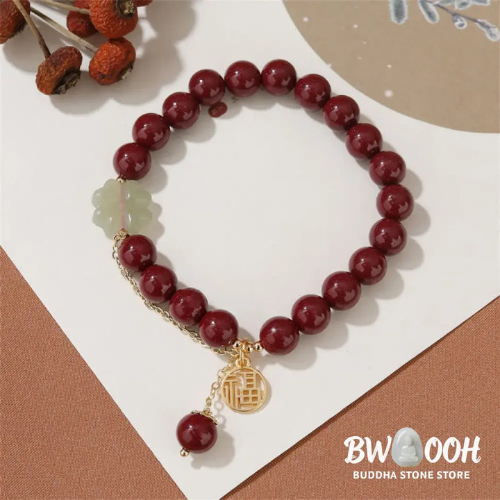 Buddha Stones Cinnabar Fu Character Hetian Jade Lucky Four Leaf Clover Blessing Bracelet - BWOOOH