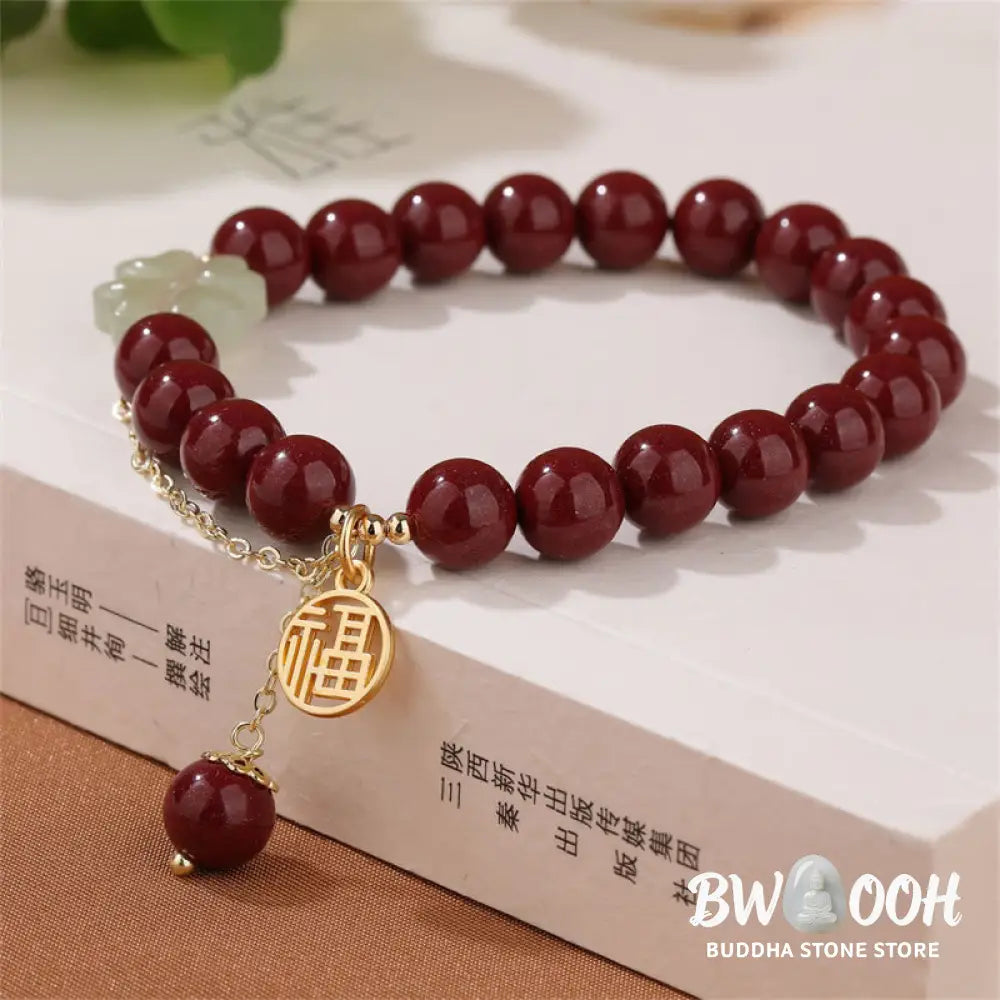 Buddha Stones Cinnabar Fu Character Hetian Jade Lucky Four Leaf Clover Blessing Bracelet - BWOOOH