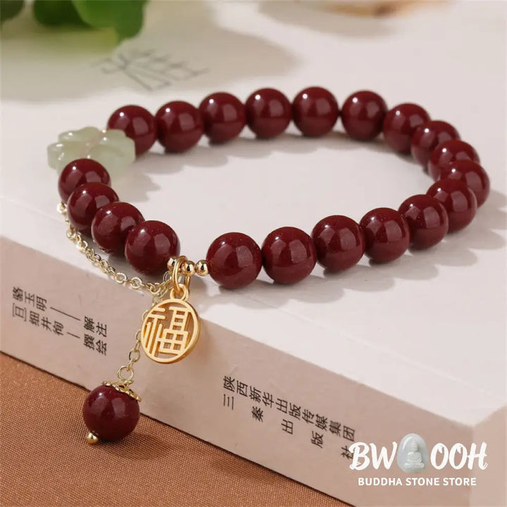 Buddha Stones Cinnabar Fu Character Hetian Jade Lucky Four Leaf Clover Blessing Bracelet - BWOOOH