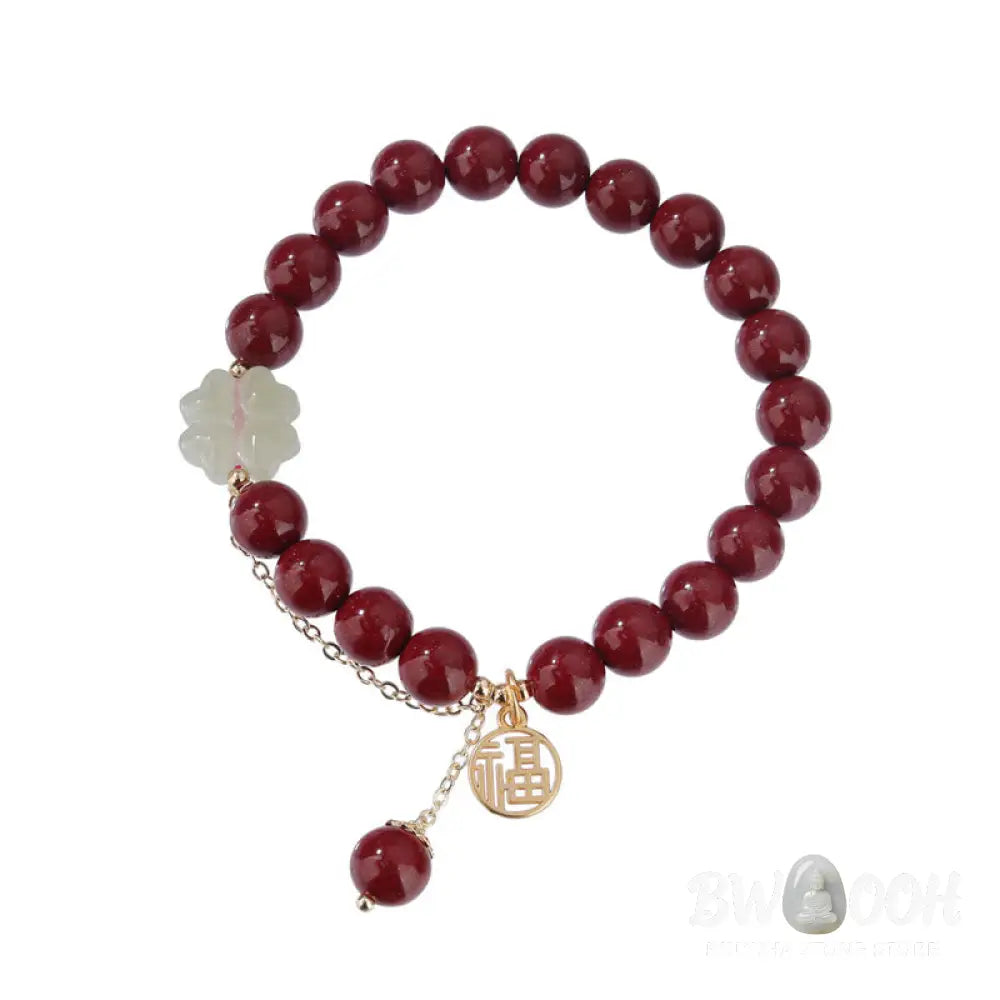 Buddha Stones Cinnabar Fu Character Hetian Jade Lucky Four Leaf Clover Blessing Bracelet - BWOOOH