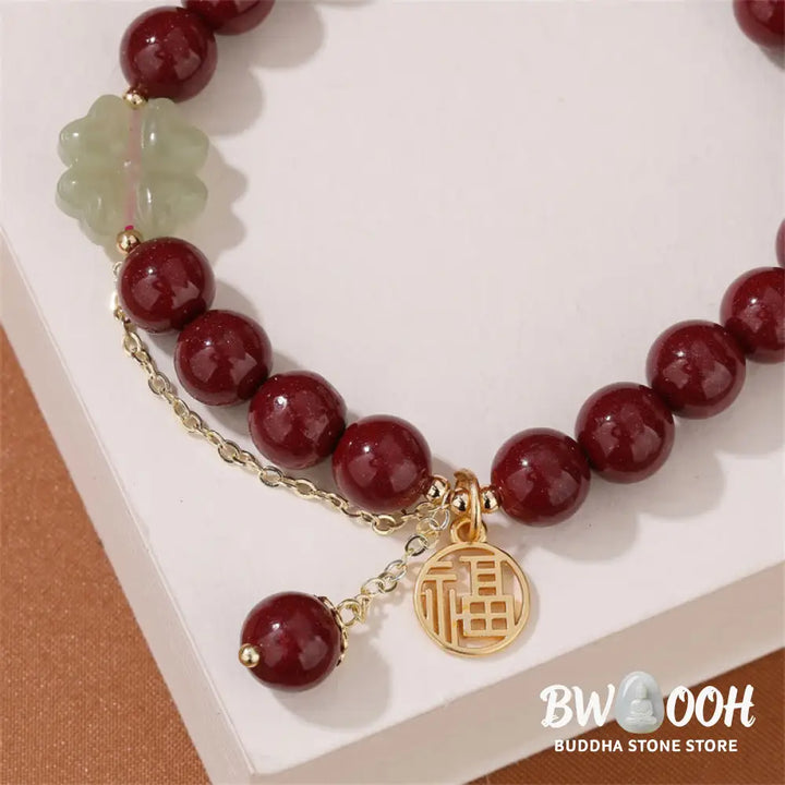 Buddha Stones Cinnabar Fu Character Hetian Jade Lucky Four Leaf Clover Blessing Bracelet - BWOOOH