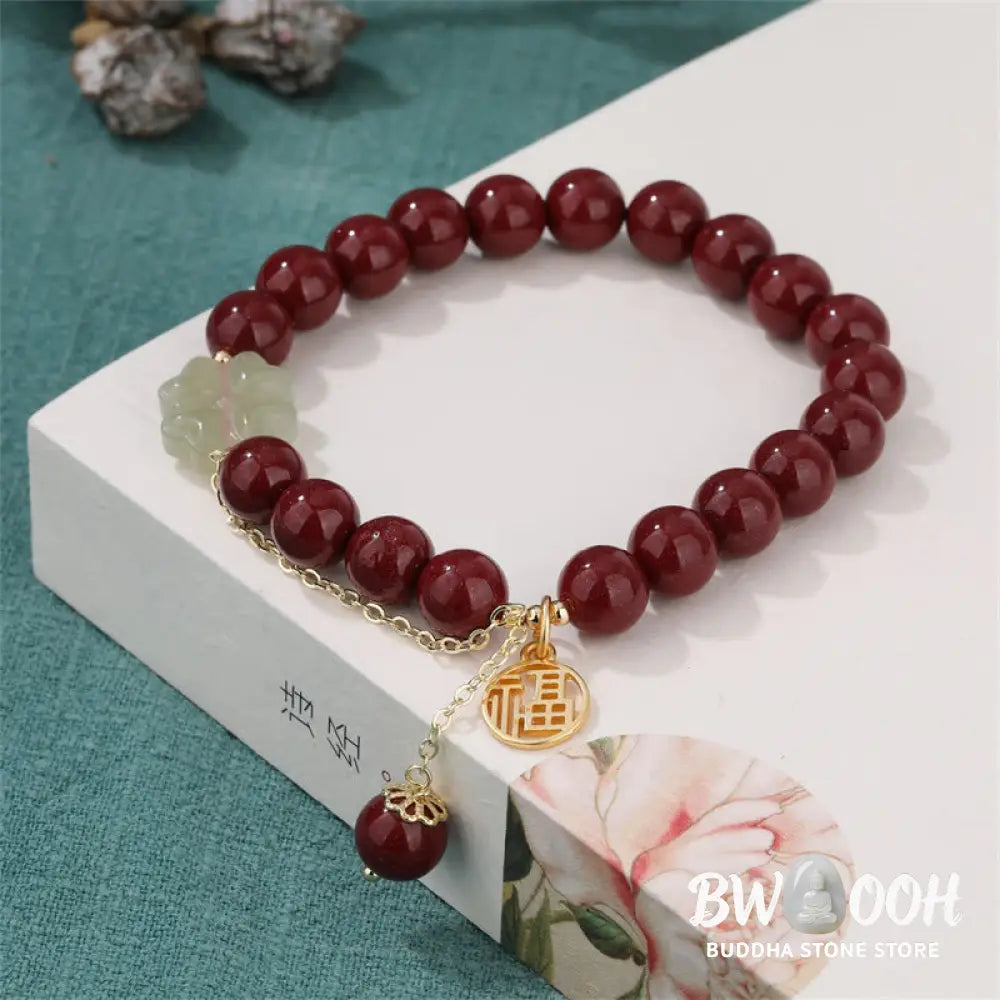 Buddha Stones Cinnabar Fu Character Hetian Jade Lucky Four Leaf Clover Blessing Bracelet - BWOOOH