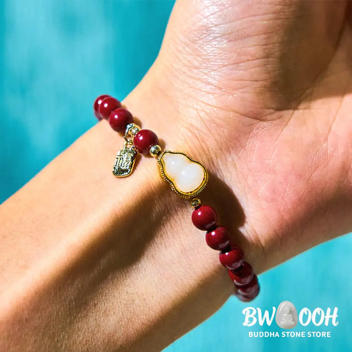 Buddha Stones Cinnabar Gourd Fu Character Charm Blessing Bracelet - BWOOOH - Cinnabar(Wrist Circumference: 14-16cm)