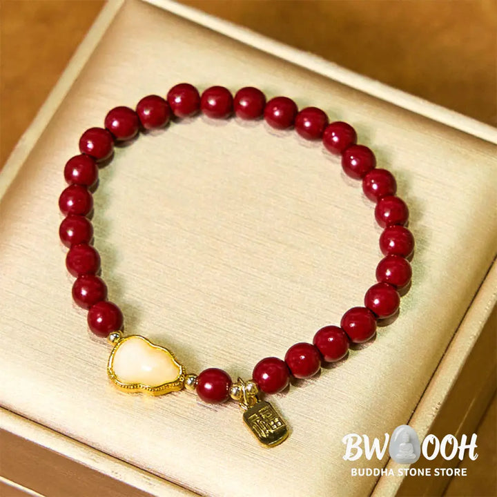 Buddha Stones Cinnabar Gourd Fu Character Charm Blessing Bracelet - BWOOOH - Cinnabar(Wrist Circumference: 14-16cm)