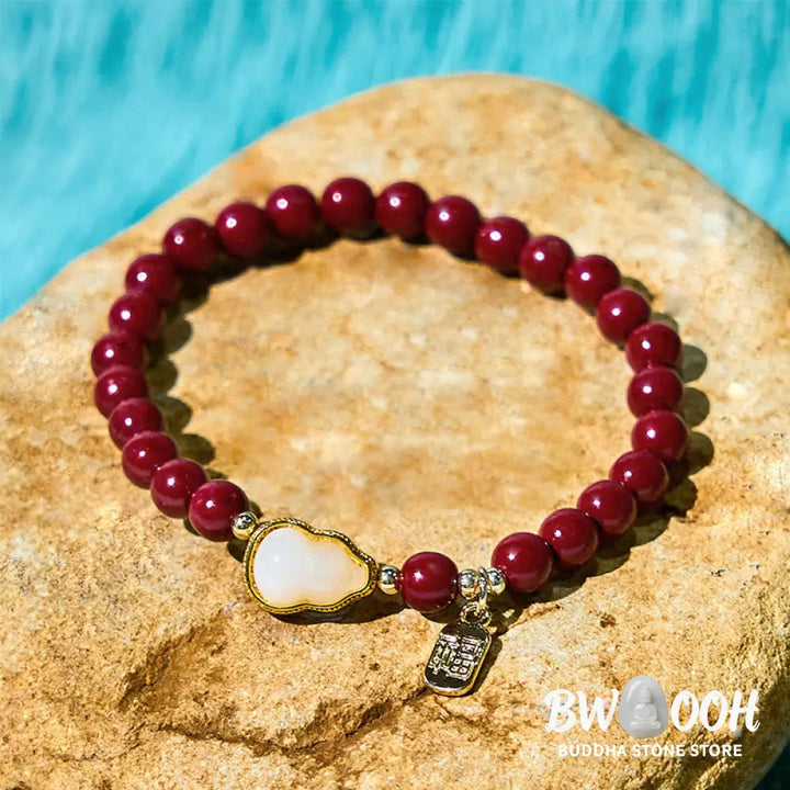 Buddha Stones Cinnabar Gourd Fu Character Charm Blessing Bracelet - BWOOOH - Cinnabar(Wrist Circumference: 14-16cm)