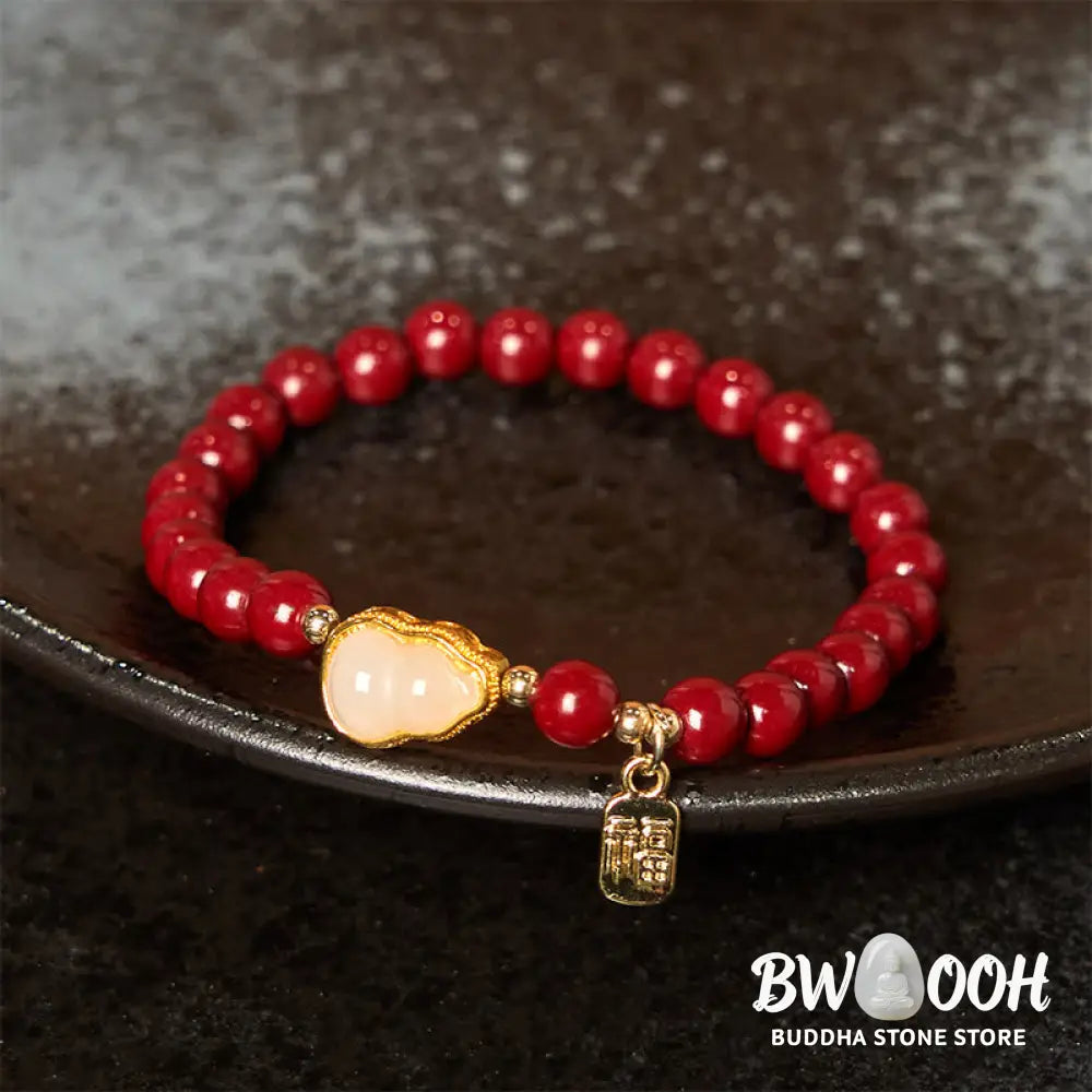 Buddha Stones Cinnabar Gourd Fu Character Charm Blessing Bracelet - BWOOOH - Cinnabar(Wrist Circumference: 14-16cm)