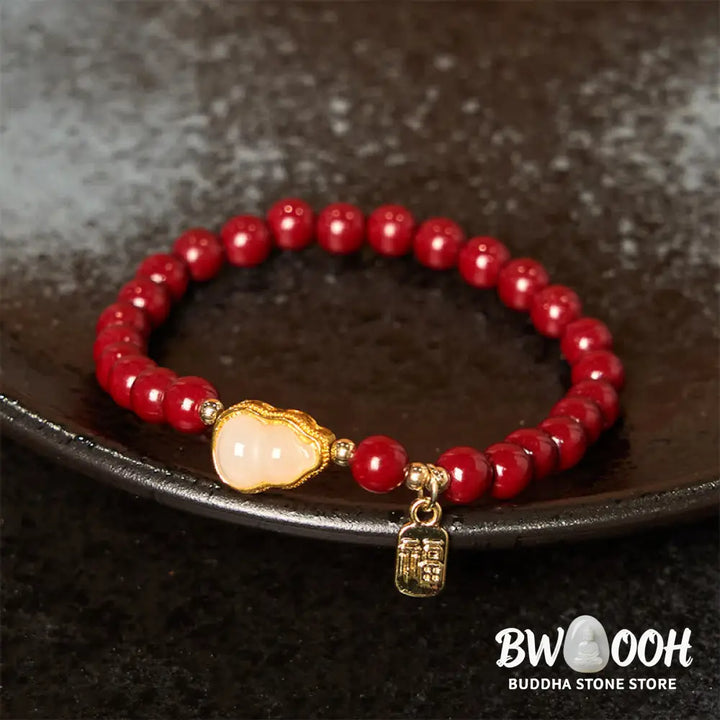Buddha Stones Cinnabar Gourd Fu Character Charm Blessing Bracelet - BWOOOH - Cinnabar(Wrist Circumference: 14-16cm)