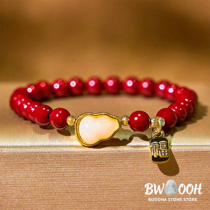 Buddha Stones Cinnabar Gourd Fu Character Charm Blessing Bracelet - BWOOOH - Cinnabar(Wrist Circumference: 14-16cm)