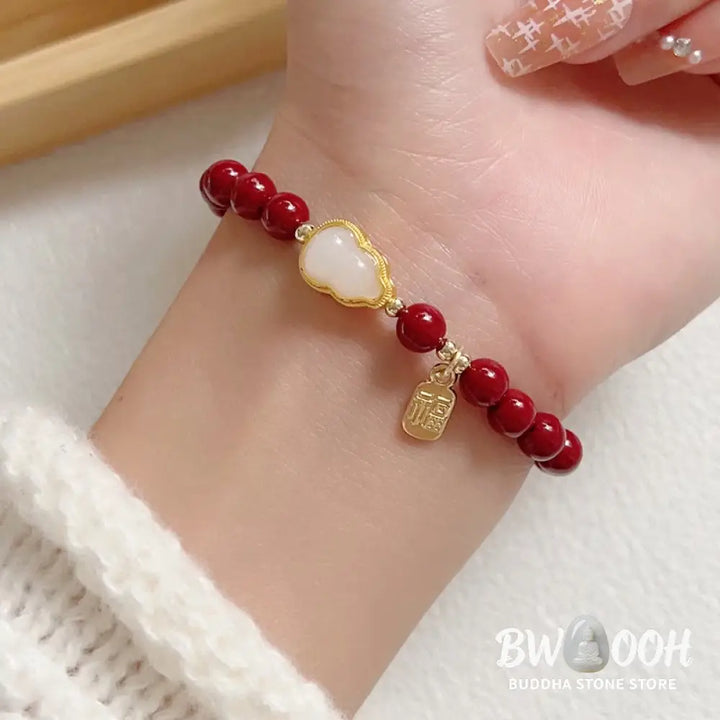 Buddha Stones Cinnabar Gourd Fu Character Charm Blessing Bracelet - BWOOOH - Cinnabar(Wrist Circumference: 14-16cm)