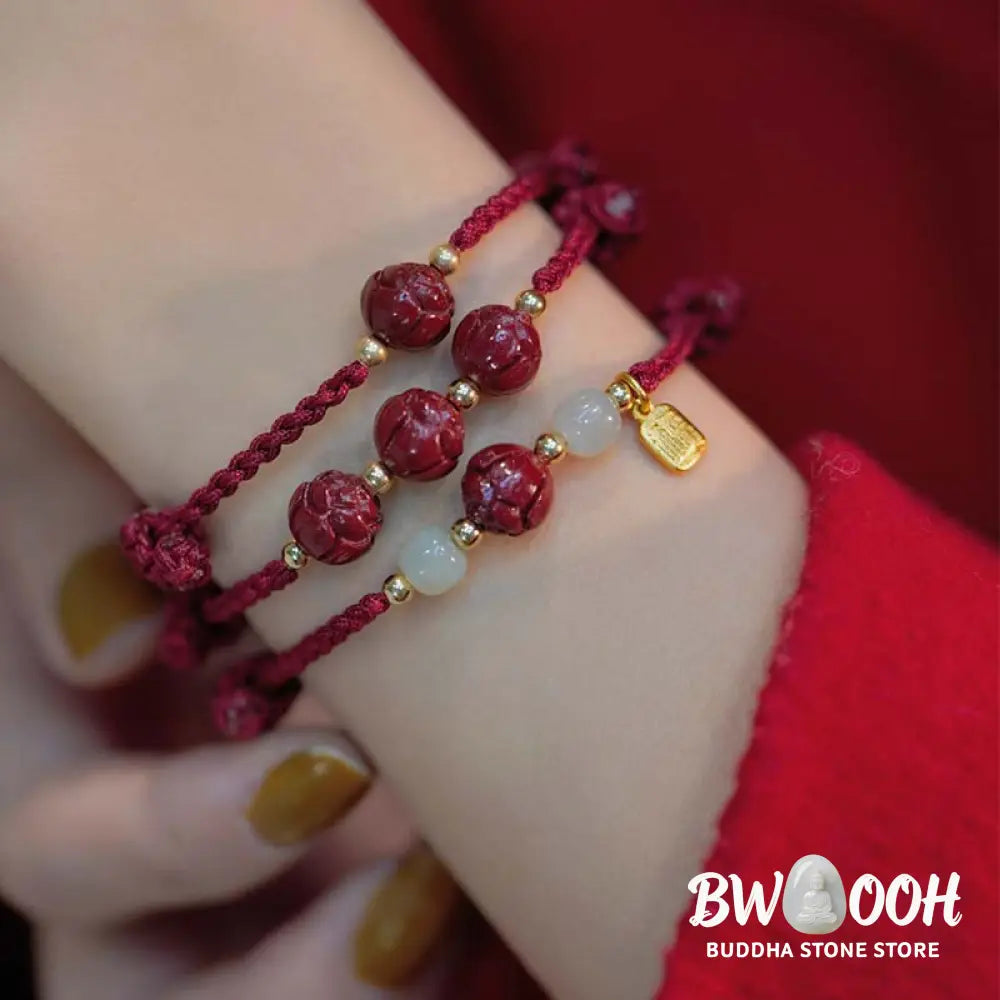 Buddha Stones Cinnabar Jade Lotus Calm Red String Weave Bracelet - Bracelet