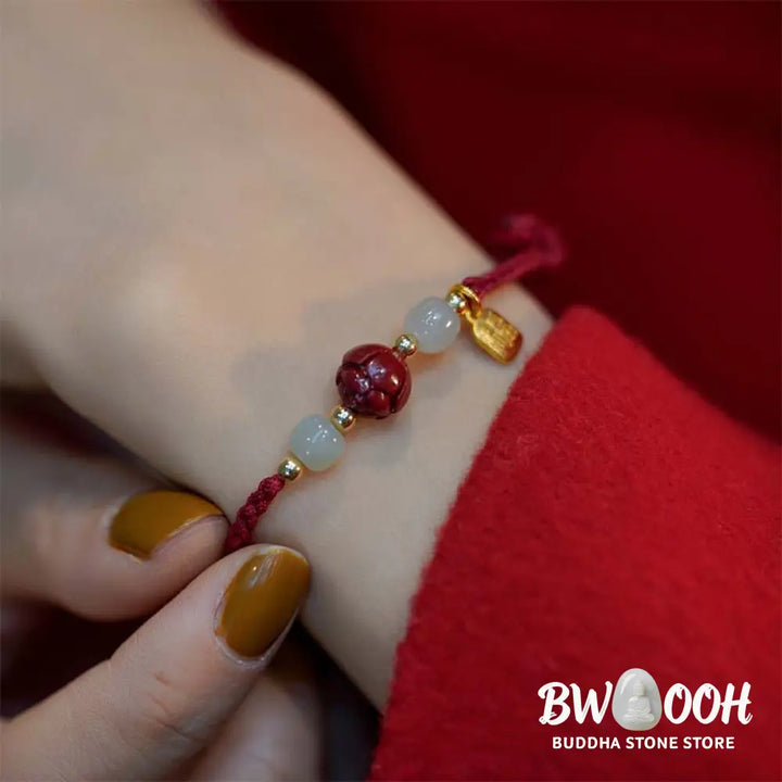 Buddha Stones Cinnabar Jade Lotus Calm Red String Weave Bracelet - Bracelet
