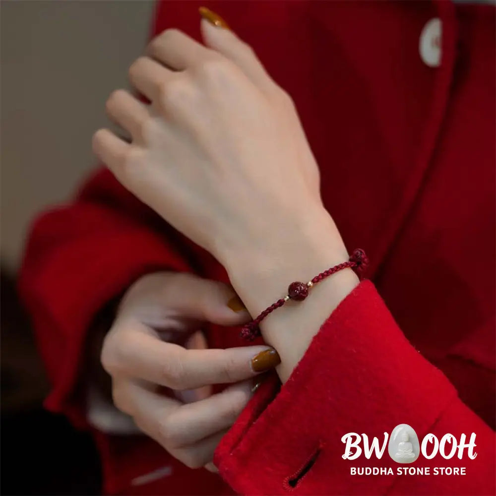 Buddha Stones Cinnabar Jade Lotus Calm Red String Weave Bracelet - Bracelet