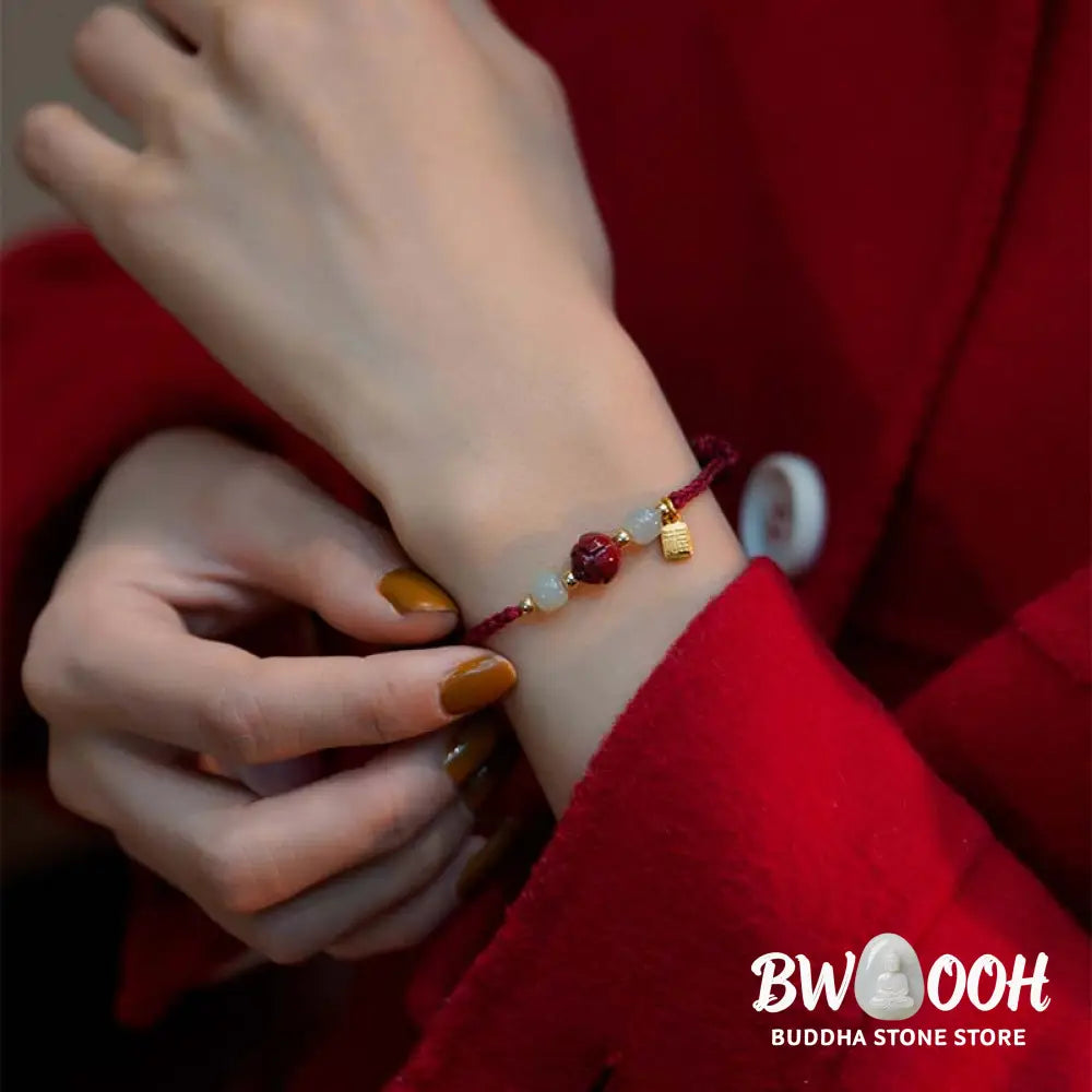 Buddha Stones Cinnabar Jade Lotus Calm Red String Weave Bracelet - Bracelet