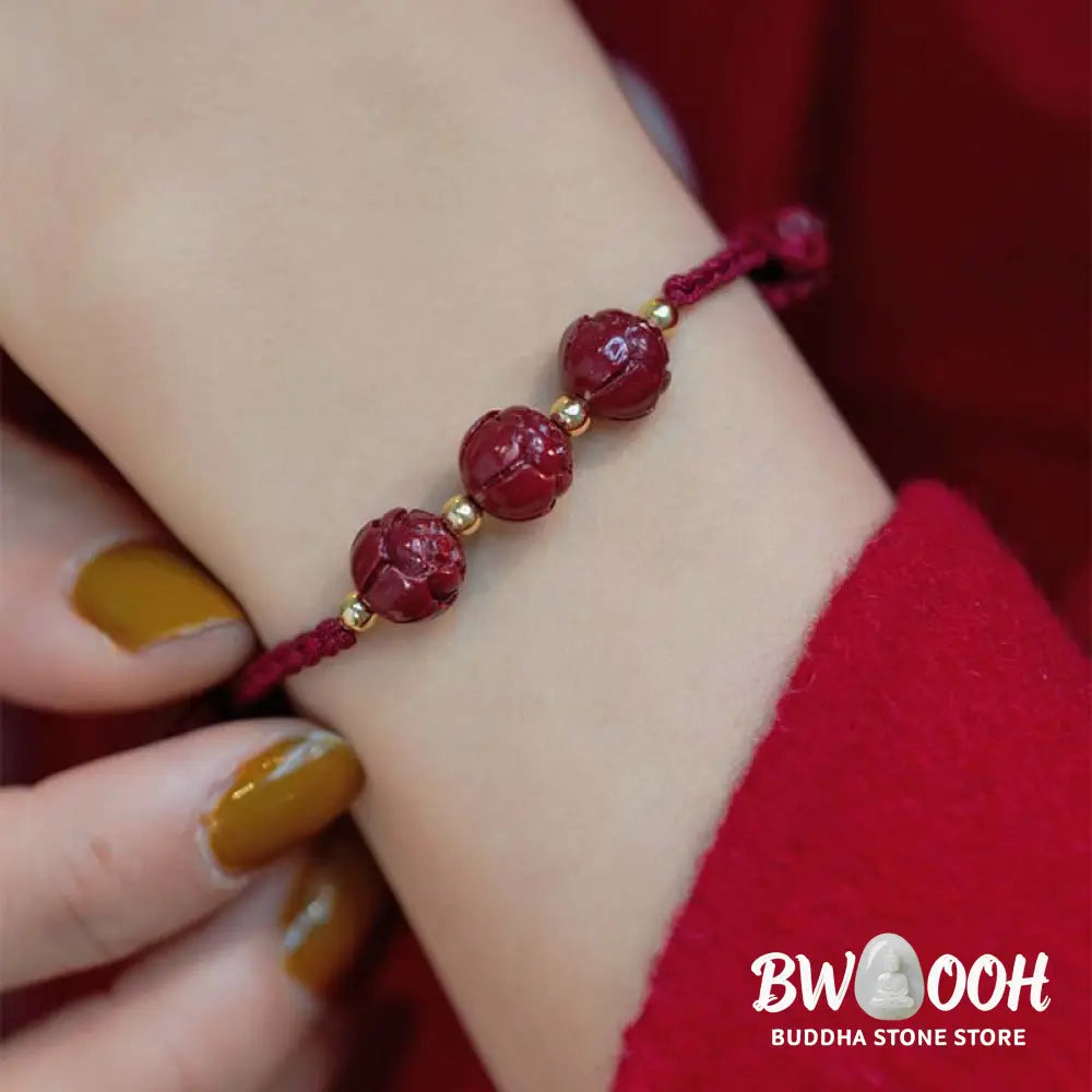 Buddha Stones Cinnabar Jade Lotus Calm Red String Weave Bracelet - Bracelet
