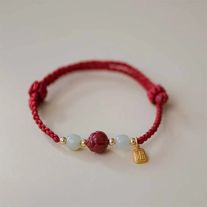 Buddha Stones Cinnabar Jade Lotus Calm Red String Weave Bracelet - Blessing(Wrist Circumference 14-20cm) - Bracelet