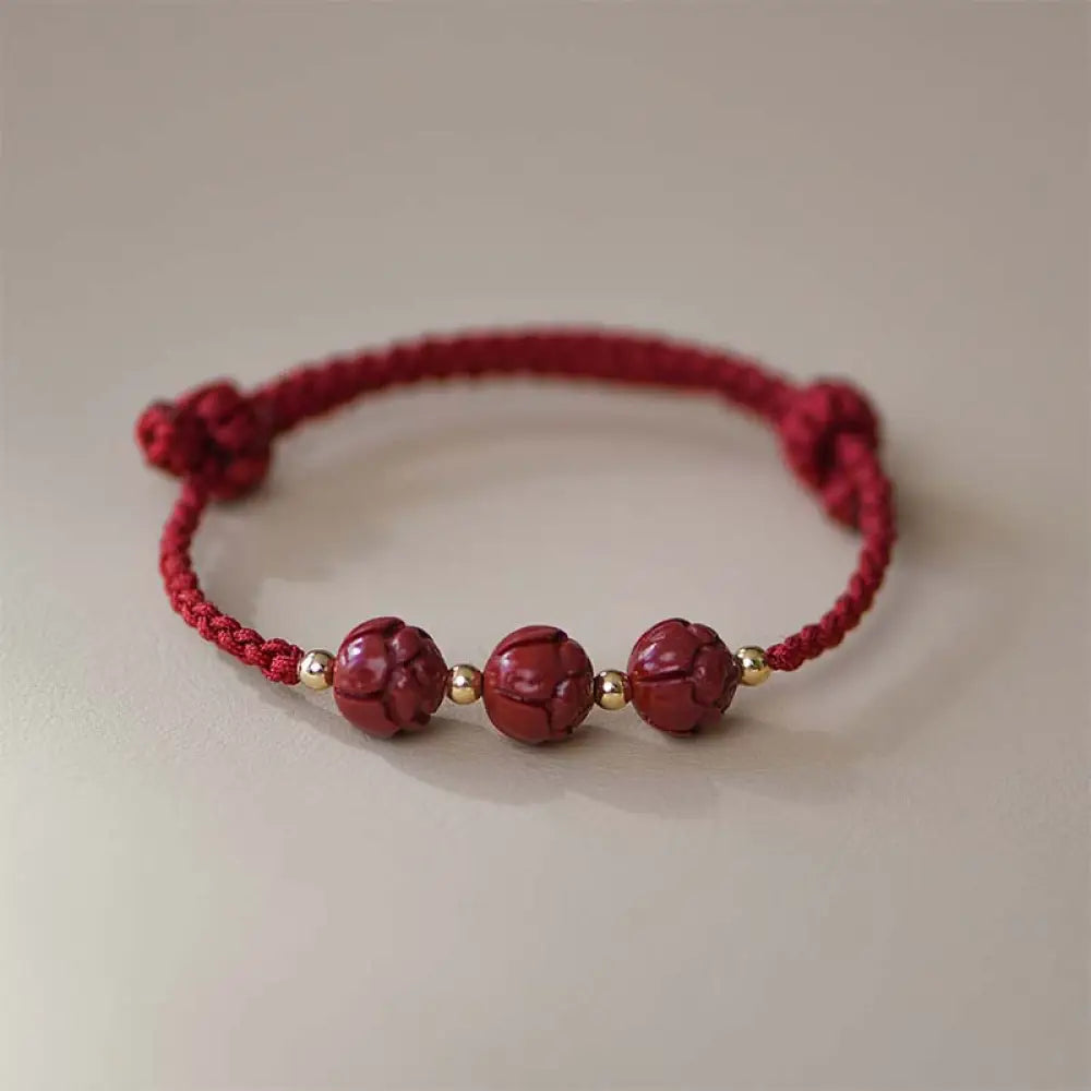 Buddha Stones Cinnabar Jade Lotus Calm Red String Weave Bracelet - Three Lotus(Wrist Circumference 14-20cm) - Bracelet