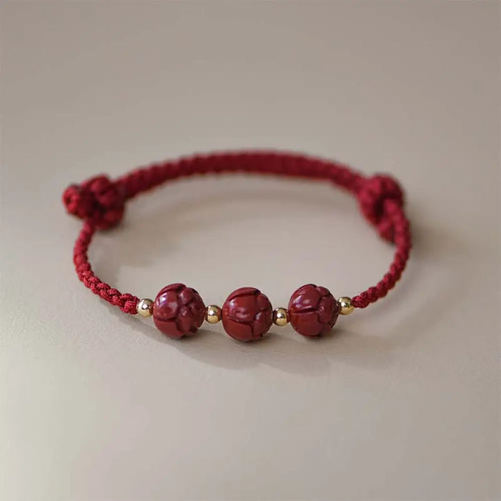 Buddha Stones Cinnabar Jade Lotus Calm Red String Weave Bracelet - Three Lotus(Wrist Circumference 14-20cm) - Bracelet
