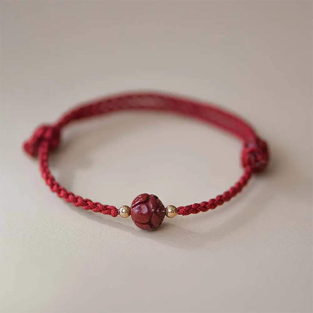 Buddha Stones Cinnabar Jade Lotus Calm Red String Weave Bracelet - Lotus(Wrist Circumference 14-20cm) - Bracelet