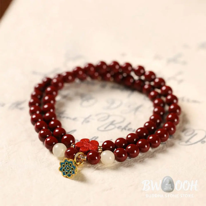 Buddha Stones Cinnabar Lotus Charm Double Wrap Blessing Bracelet - BWOOOH - Cinnabar Lotus(Wrist Circumference: