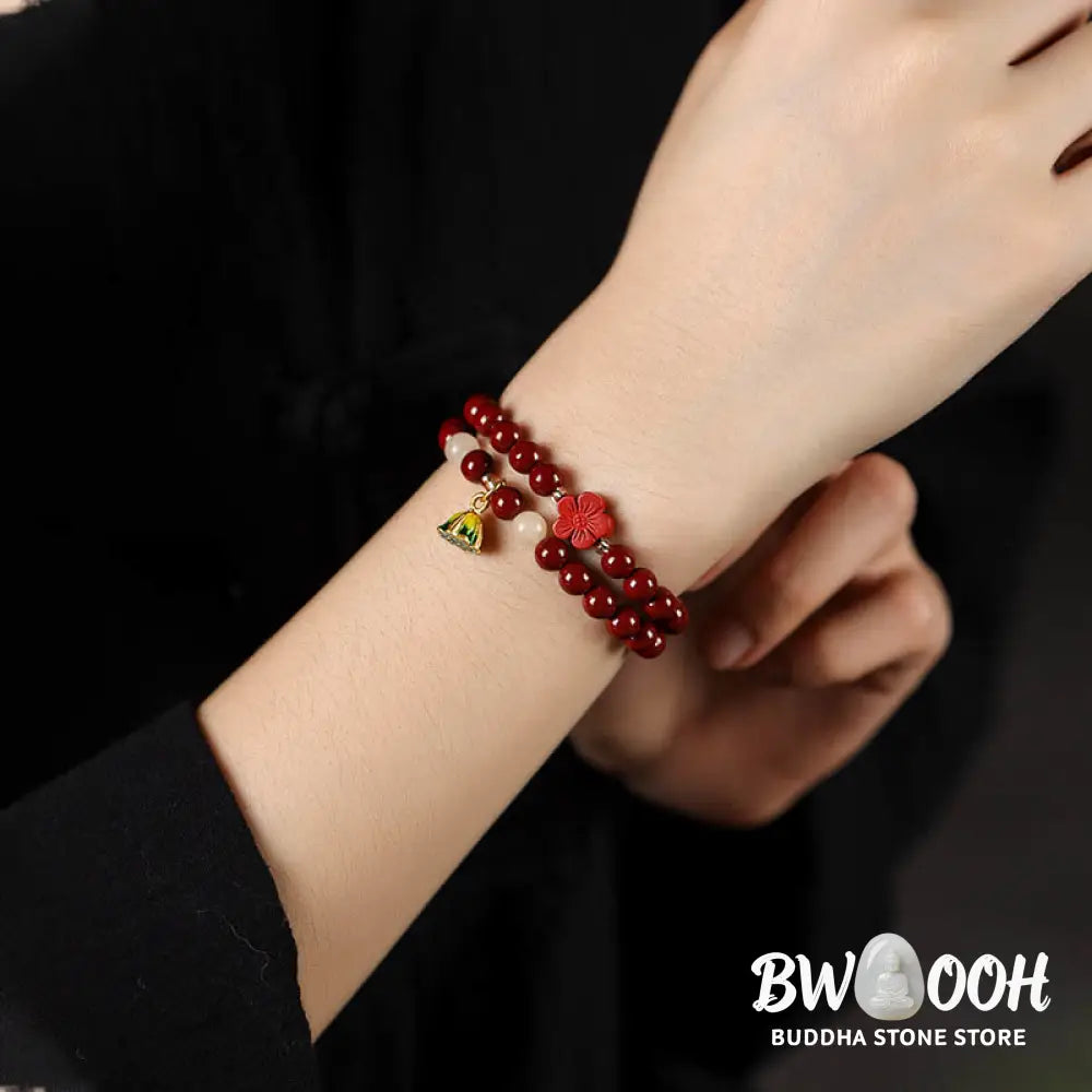 Buddha Stones Cinnabar Lotus Charm Double Wrap Blessing Bracelet - BWOOOH - Cinnabar Lotus(Wrist Circumference: