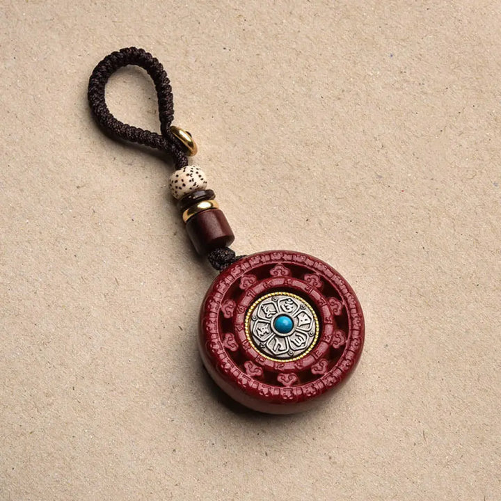 Buddha Stones Cinnabar Om Mani Padme Hum Blessing Rotatable Necklace Pendant Key Chain - BWOOOH - Cinnabar Key Chain