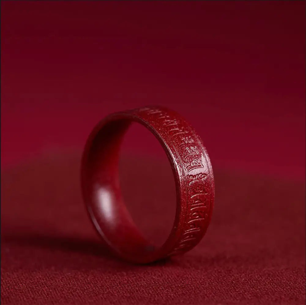 Buddha Stones Cinnabar Om Mani Padme Hum Heart Sutra Blessing Ring - Cinnabar Om Mani Padme Hum / 17mm - Ring