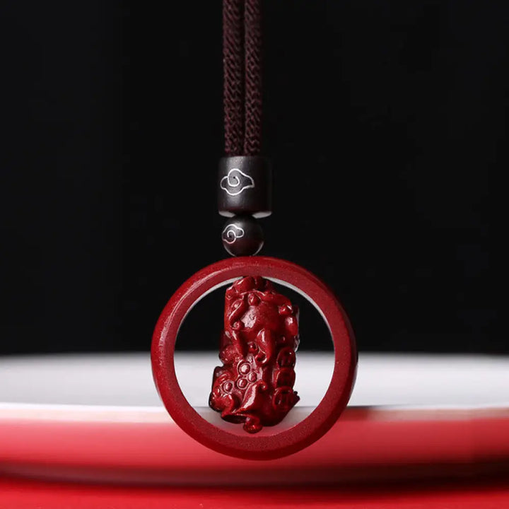 BWOOOH Cinnabar Om Mani Padme Hum PiXiu Blessing Necklace. Detailed 14mm cinnabar bead with etched mantra and PiXiu talisman, 50cm cord, for spiritual protection and prosperity. - View 27