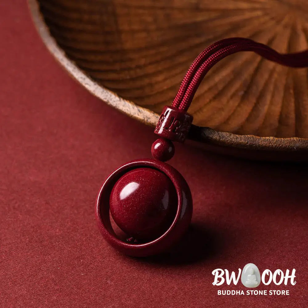 BWOOOH Cinnabar Om Mani Padme Hum PiXiu Blessing Necklace. Detailed 14mm cinnabar bead with etched mantra and PiXiu talisman, 50cm cord, for spiritual protection and prosperity. - View 3