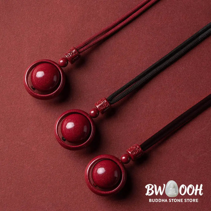 BWOOOH Cinnabar Om Mani Padme Hum PiXiu Blessing Necklace. Detailed 14mm cinnabar bead with etched mantra and PiXiu talisman, 50cm cord, for spiritual protection and prosperity. - View 2
