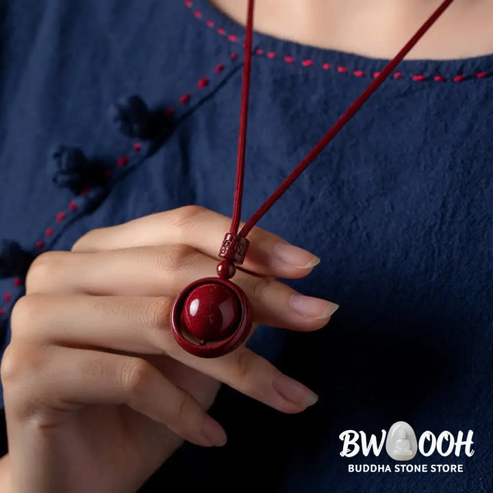BWOOOH Cinnabar Om Mani Padme Hum PiXiu Blessing Necklace. Detailed 14mm cinnabar bead with etched mantra and PiXiu talisman, 50cm cord, for spiritual protection and prosperity. - View 7