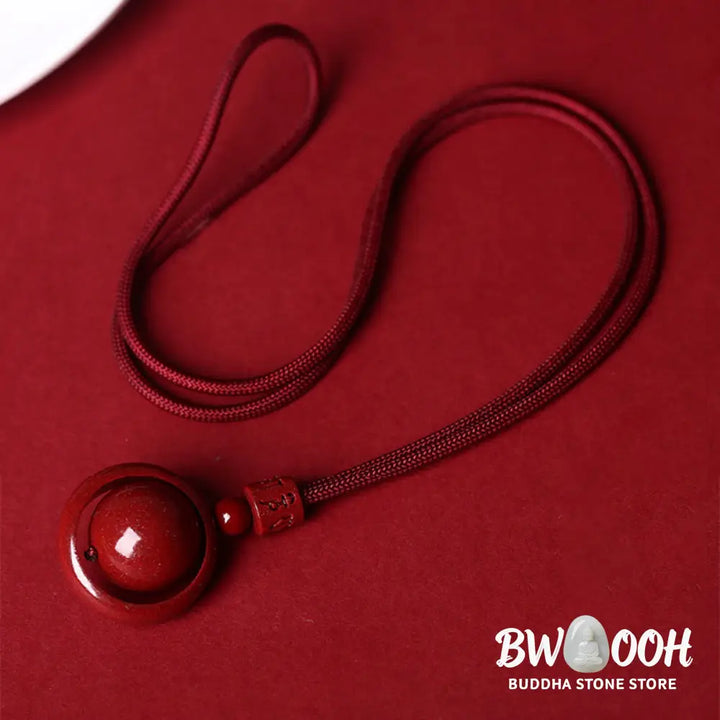BWOOOH Cinnabar Om Mani Padme Hum PiXiu Blessing Necklace. Detailed 14mm cinnabar bead with etched mantra and PiXiu talisman, 50cm cord, for spiritual protection and prosperity. - View 11