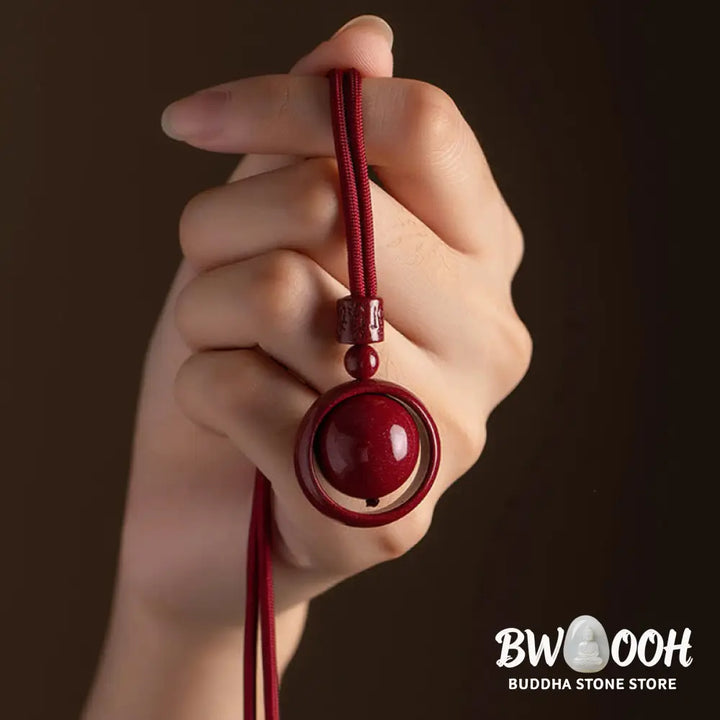 BWOOOH Cinnabar Om Mani Padme Hum PiXiu Blessing Necklace. Detailed 14mm cinnabar bead with etched mantra and PiXiu talisman, 50cm cord, for spiritual protection and prosperity. - View 4