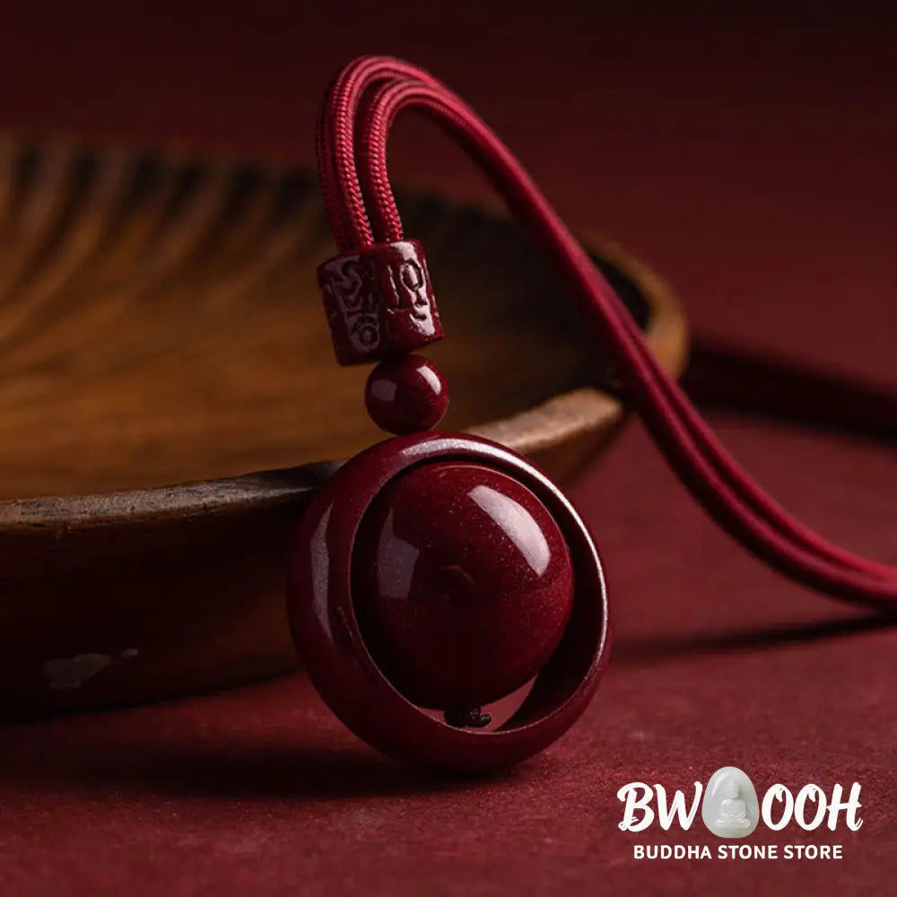BWOOOH Cinnabar Om Mani Padme Hum PiXiu Blessing Necklace. Detailed 14mm cinnabar bead with etched mantra and PiXiu talisman, 50cm cord, for spiritual protection and prosperity. - View 10