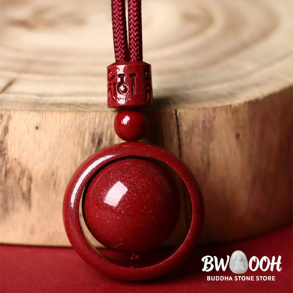 BWOOOH Cinnabar Om Mani Padme Hum PiXiu Blessing Necklace. Detailed 14mm cinnabar bead with etched mantra and PiXiu talisman, 50cm cord, for spiritual protection and prosperity. - View 5