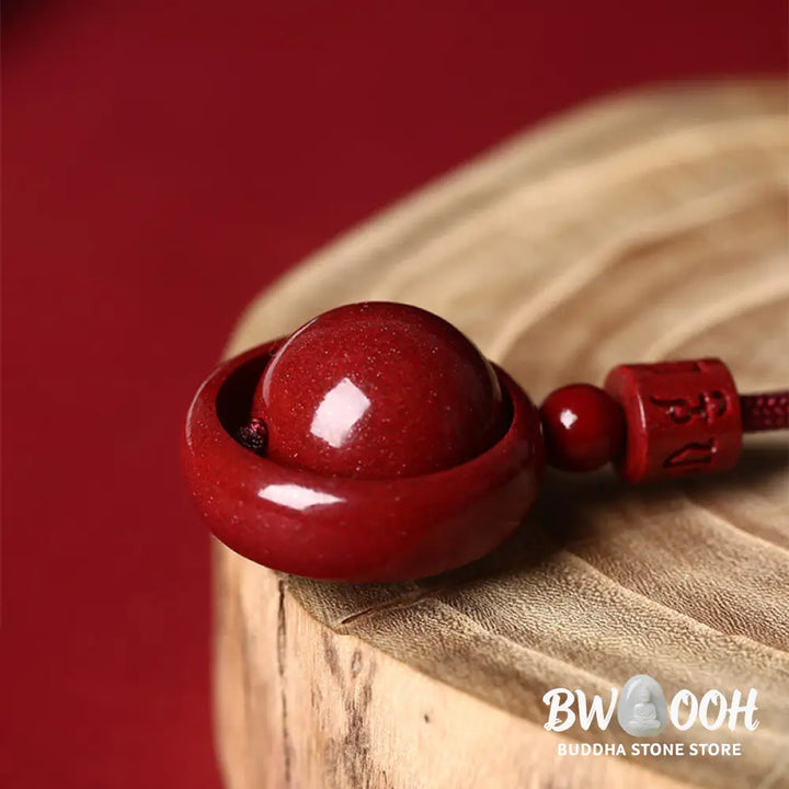 BWOOOH Cinnabar Om Mani Padme Hum PiXiu Blessing Necklace. Detailed 14mm cinnabar bead with etched mantra and PiXiu talisman, 50cm cord, for spiritual protection and prosperity. - View 6