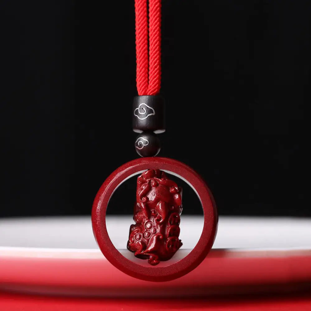 BWOOOH Cinnabar Om Mani Padme Hum PiXiu Blessing Necklace. Detailed 14mm cinnabar bead with etched mantra and PiXiu talisman, 50cm cord, for spiritual protection and prosperity. - View 25