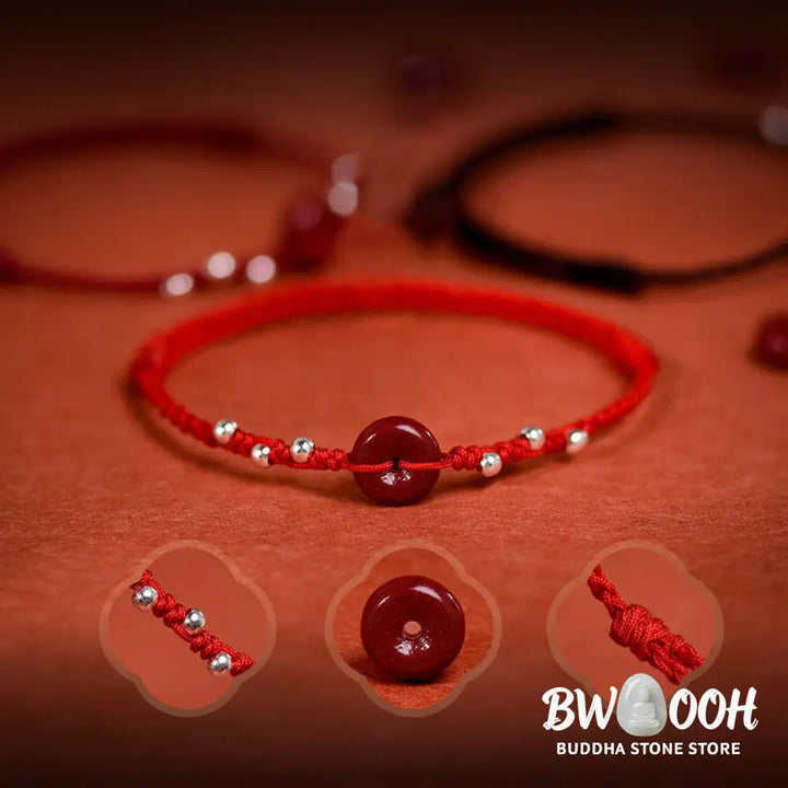 Buddha Stones Cinnabar Peace Buckle Handmade String Adjustable Blessing Bracelet Anklet - Bracelet Anklet