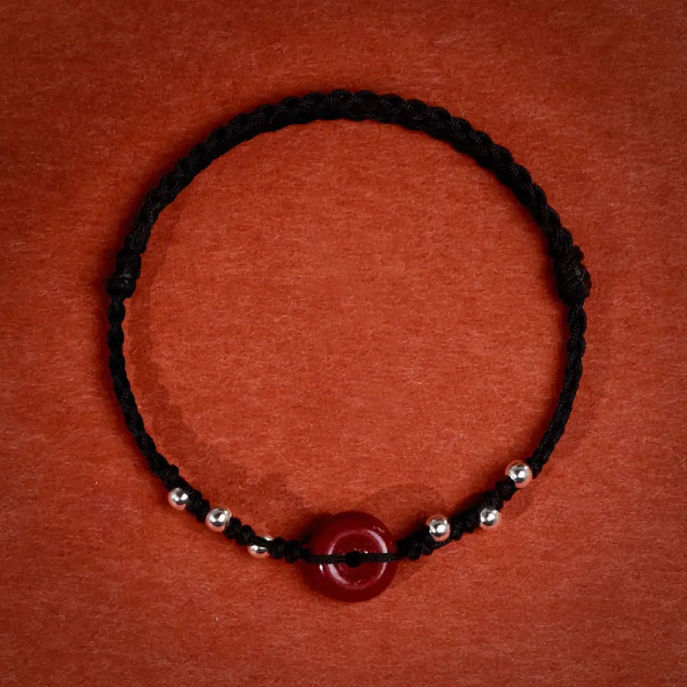 Buddha Stones Cinnabar Peace Buckle Handmade String Adjustable Blessing Bracelet Anklet - Black String Bracelet(Wrist