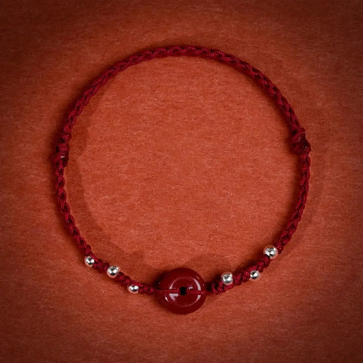 Buddha Stones Cinnabar Peace Buckle Handmade String Adjustable Blessing Bracelet Anklet - Darkred String Bracelet(Wrist