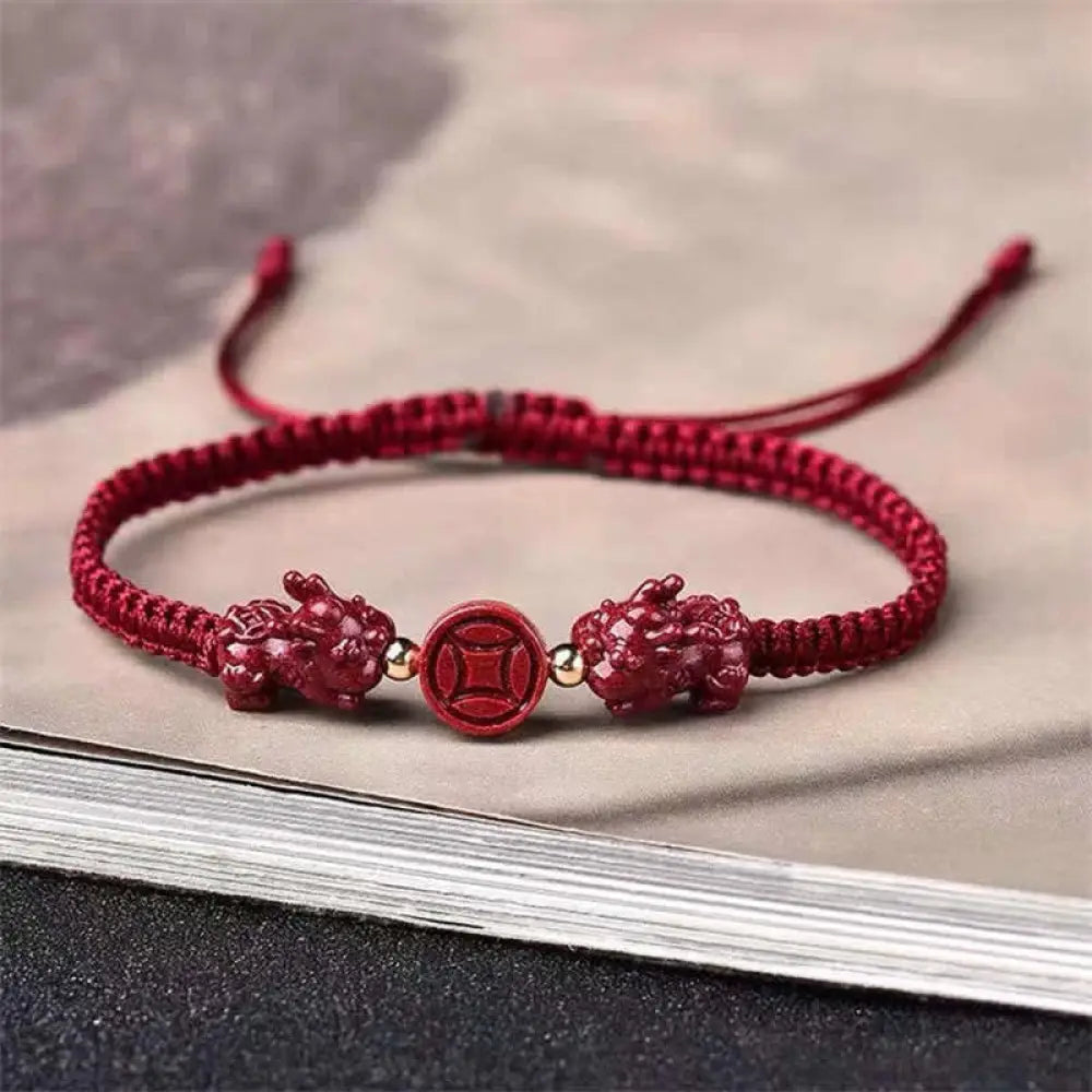 BWOOOH Cinnabar PiXiu Blessing Copper Coin Peace Buckle Red String Bracelet - Copper Coin(Bracelet Size 13-23cm)