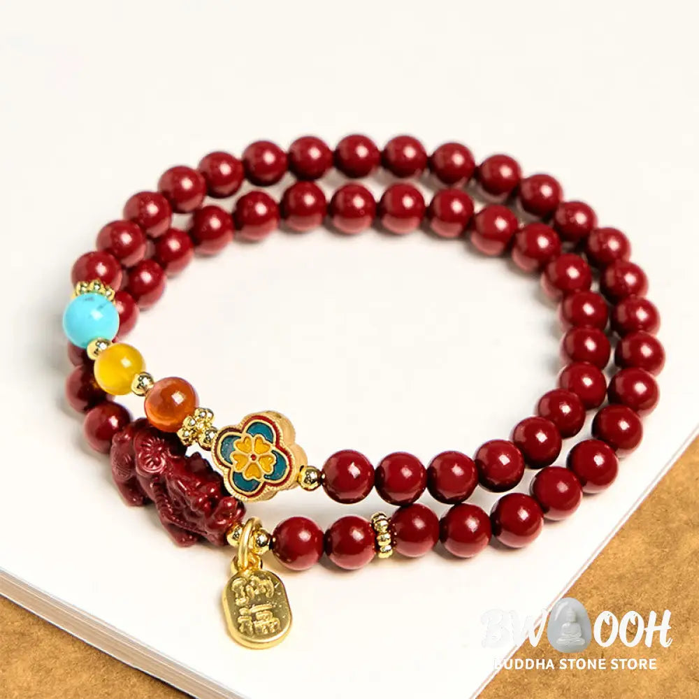 Buddha Stones Cinnabar PiXiu Fu Character Blessing Double Wrap Bracelet - BWOOOH - Cinnabar(Wrist Circumference