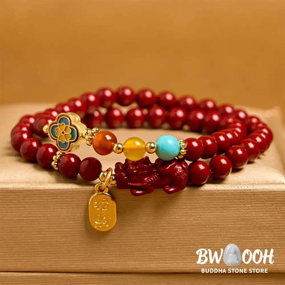 Buddha Stones Cinnabar PiXiu Fu Character Blessing Double Wrap Bracelet - BWOOOH - Cinnabar(Wrist Circumference