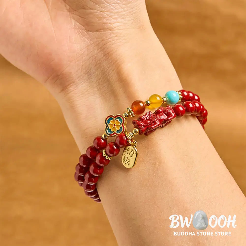 Buddha Stones Cinnabar PiXiu Fu Character Blessing Double Wrap Bracelet - BWOOOH - Cinnabar(Wrist Circumference