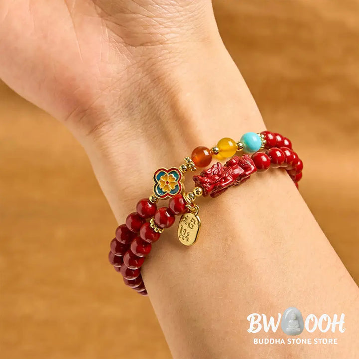 Buddha Stones Cinnabar PiXiu Fu Character Blessing Double Wrap Bracelet - BWOOOH - Cinnabar(Wrist Circumference