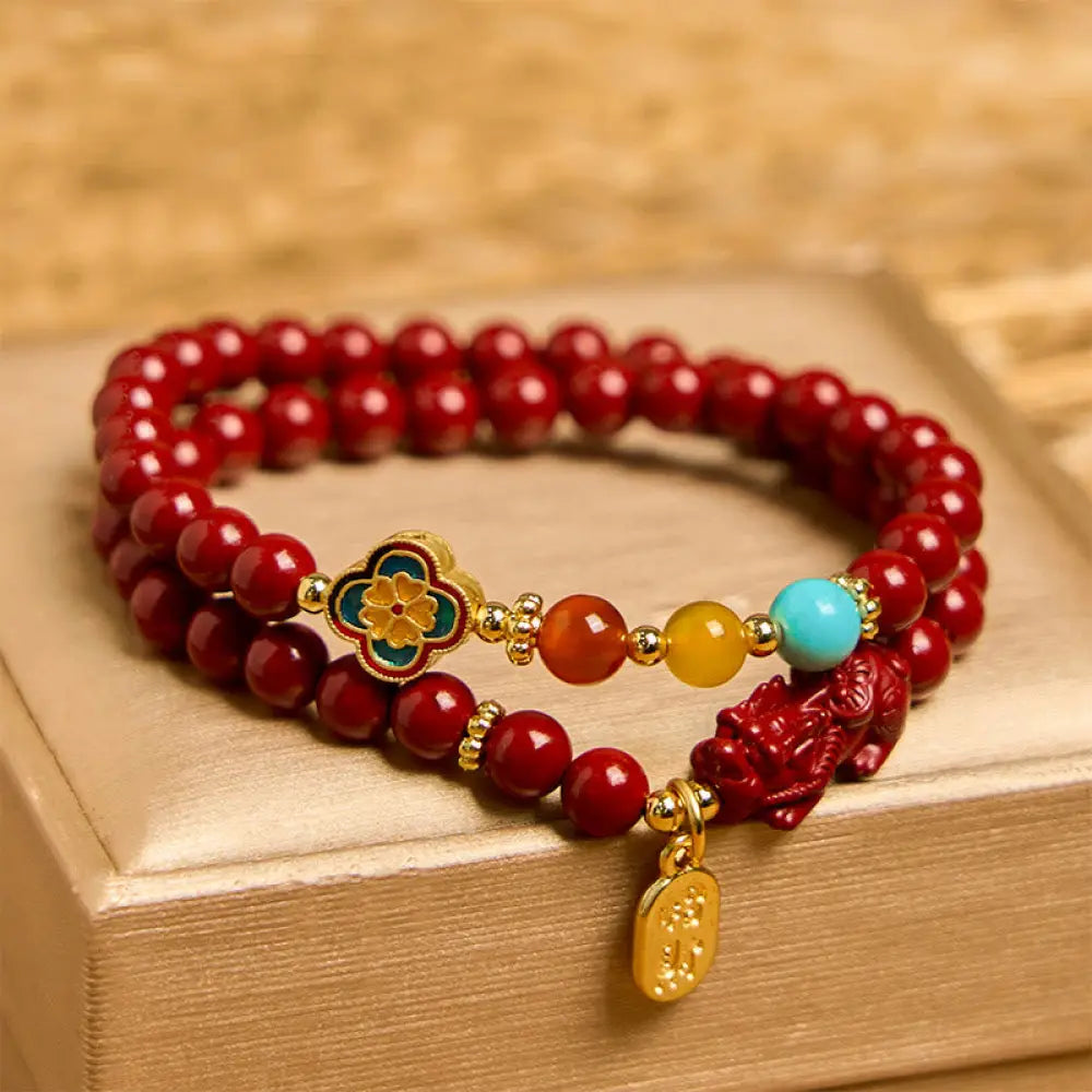 BWOOOH Cinnabar PiXiu Fu Character Blessing Double Wrap Bracelet — Cinnabar feng shui bracelet for spiritual healing and m...