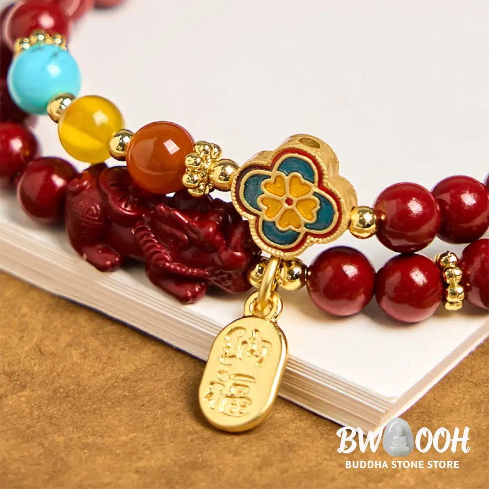 Buddha Stones Cinnabar PiXiu Fu Character Blessing Double Wrap Bracelet - BWOOOH - Cinnabar(Wrist Circumference