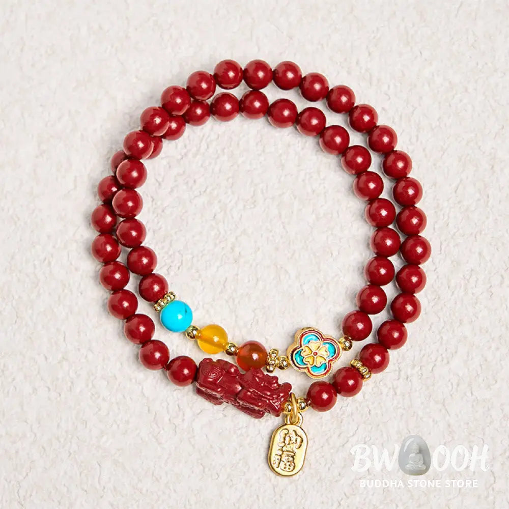 Buddha Stones Cinnabar PiXiu Fu Character Blessing Double Wrap Bracelet - BWOOOH - Cinnabar(Wrist Circumference